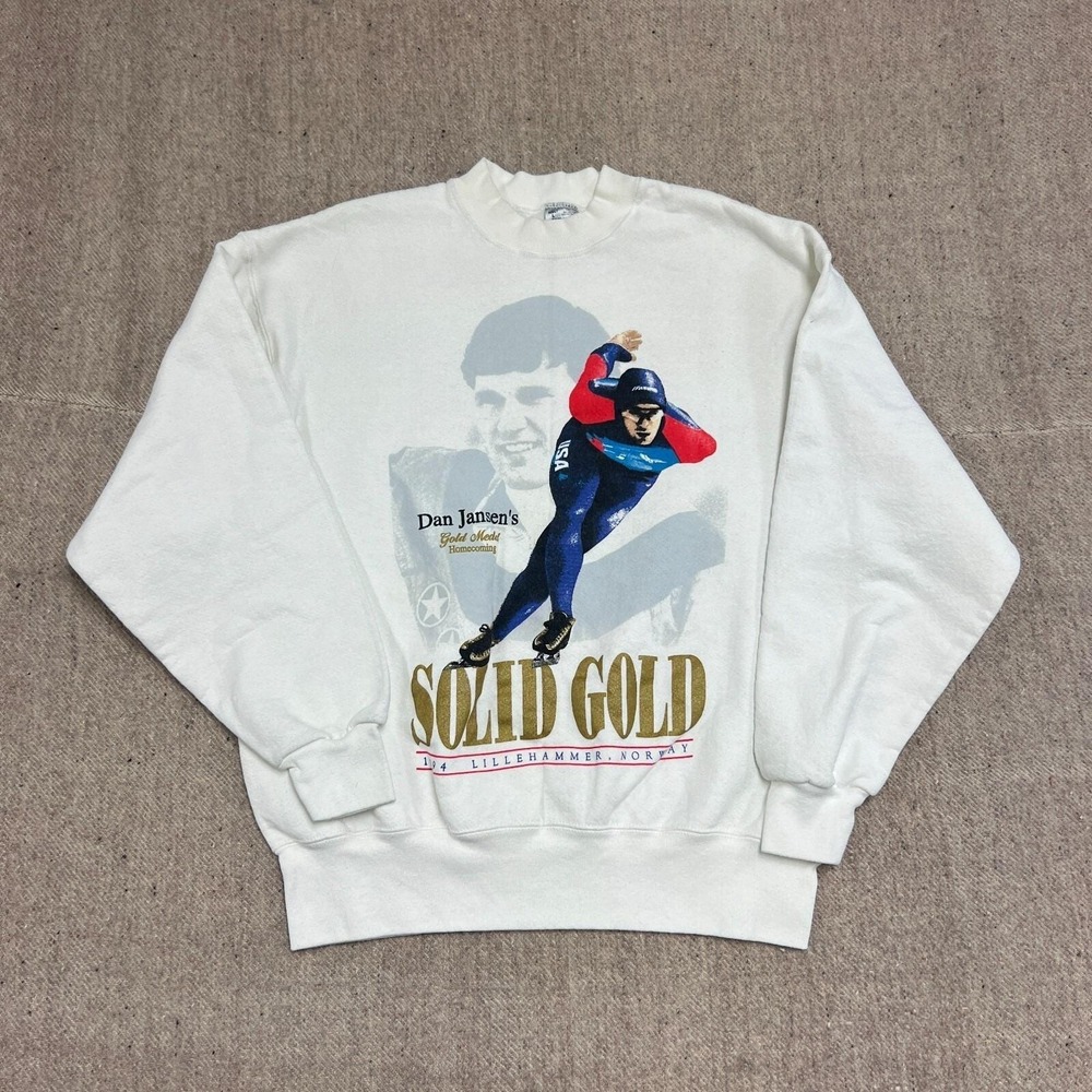 Vintage Dan Jensen Sweatshirt Mens Large White 1990s Olympics Speed Skater